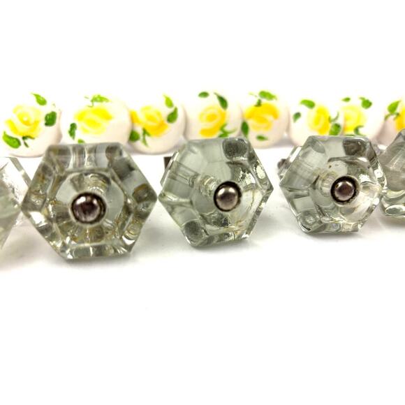 Vintage Lot of 20 Ceramic Glass Cabinet Pull Knobs Yellow Floral Clear Faceted - Picture 3 of 16